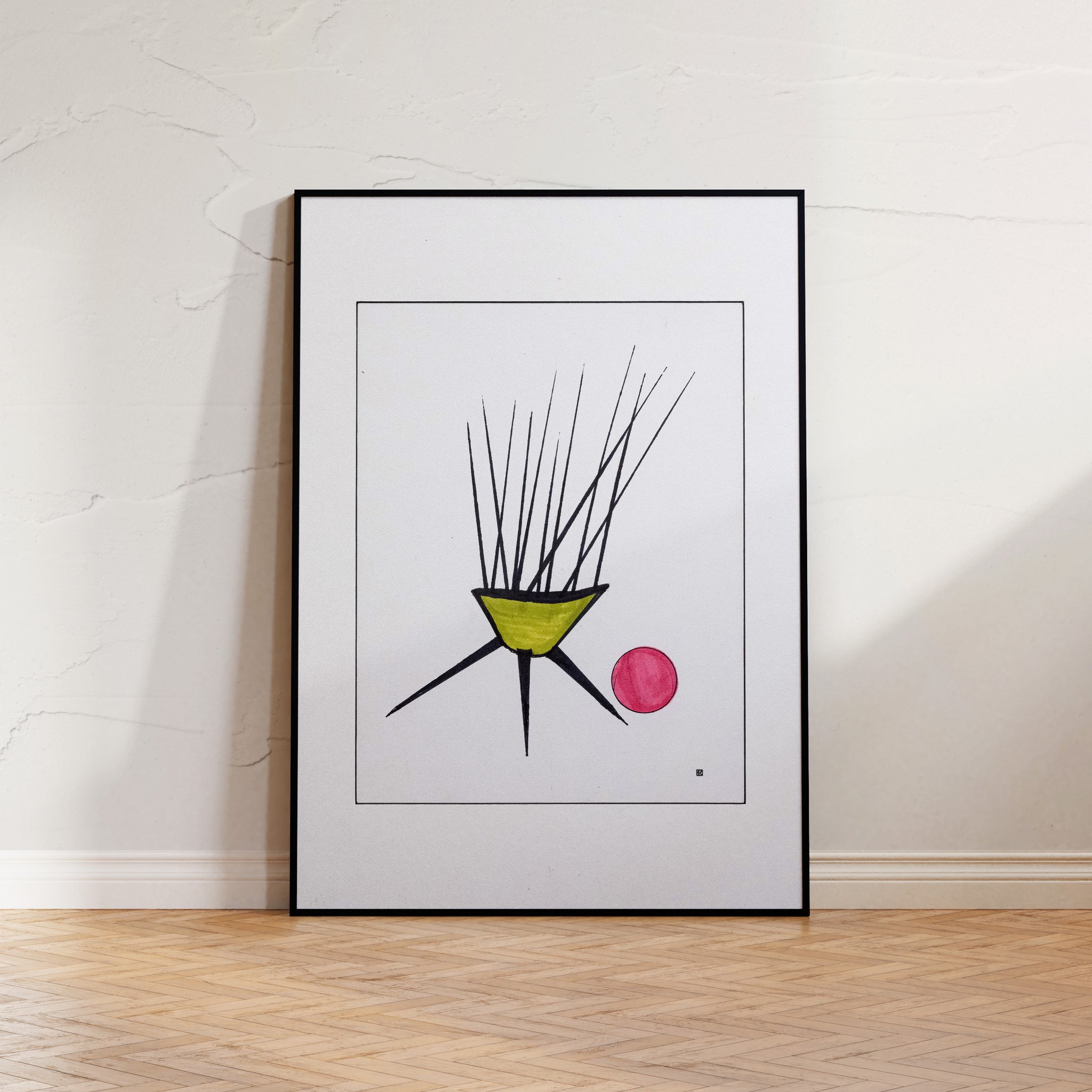 Print 'Minimalist Bloom' by Brian Findleton, featuring a pink flower and a black pole on a white background, symbolizing minimalist abstraction.  -