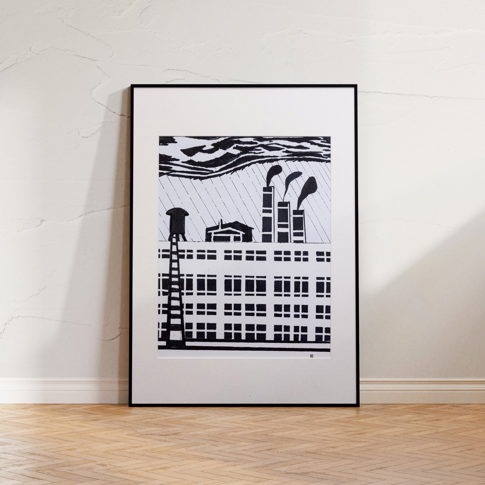 Monochromatic print 'Industrial Reverie' by Brian Findleton, portraying a grand, sunlit industrial interior with towering gears and minute figures.
