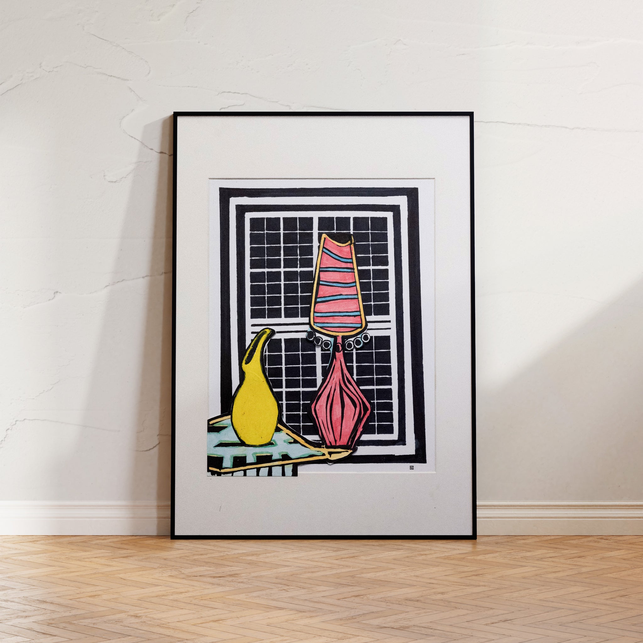Modern art painting 'Illuminated Tableau' by Brian Findleton, featuring a yellow vase, a lamp, and a blue vase in bold outlines and luminous colors.