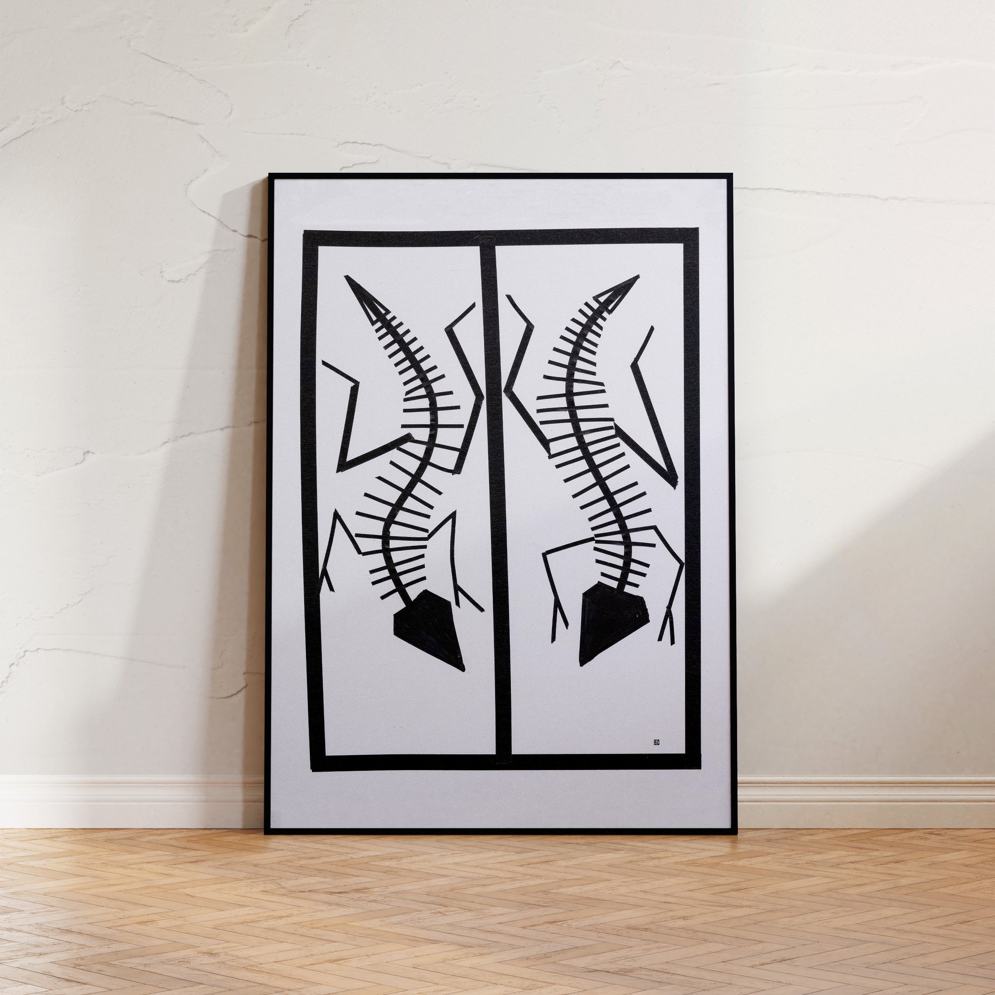 Monochromatic poster 'Sinuous Swirls' by Brian Findleton, presenting two fluid, elongated lizard forms captured through minimalist, sinuous lines.