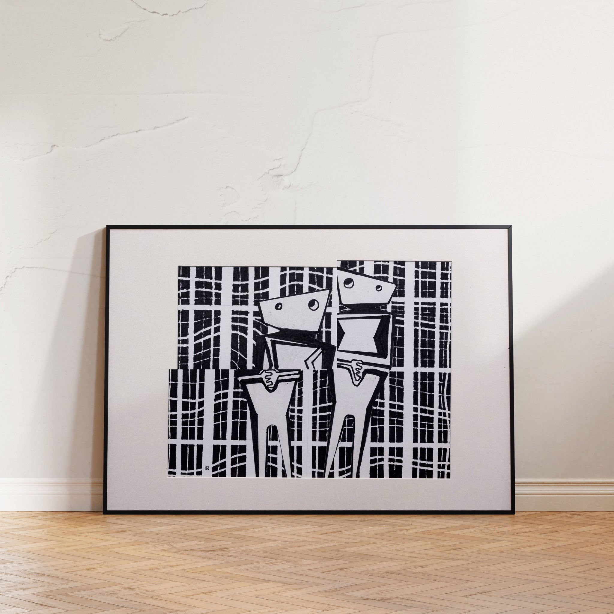 Monochromatic cubist portrait 'Kindred Spirits' by Brian Findleton, depicting two intertwined figures using intersecting materials like metal and fabric.