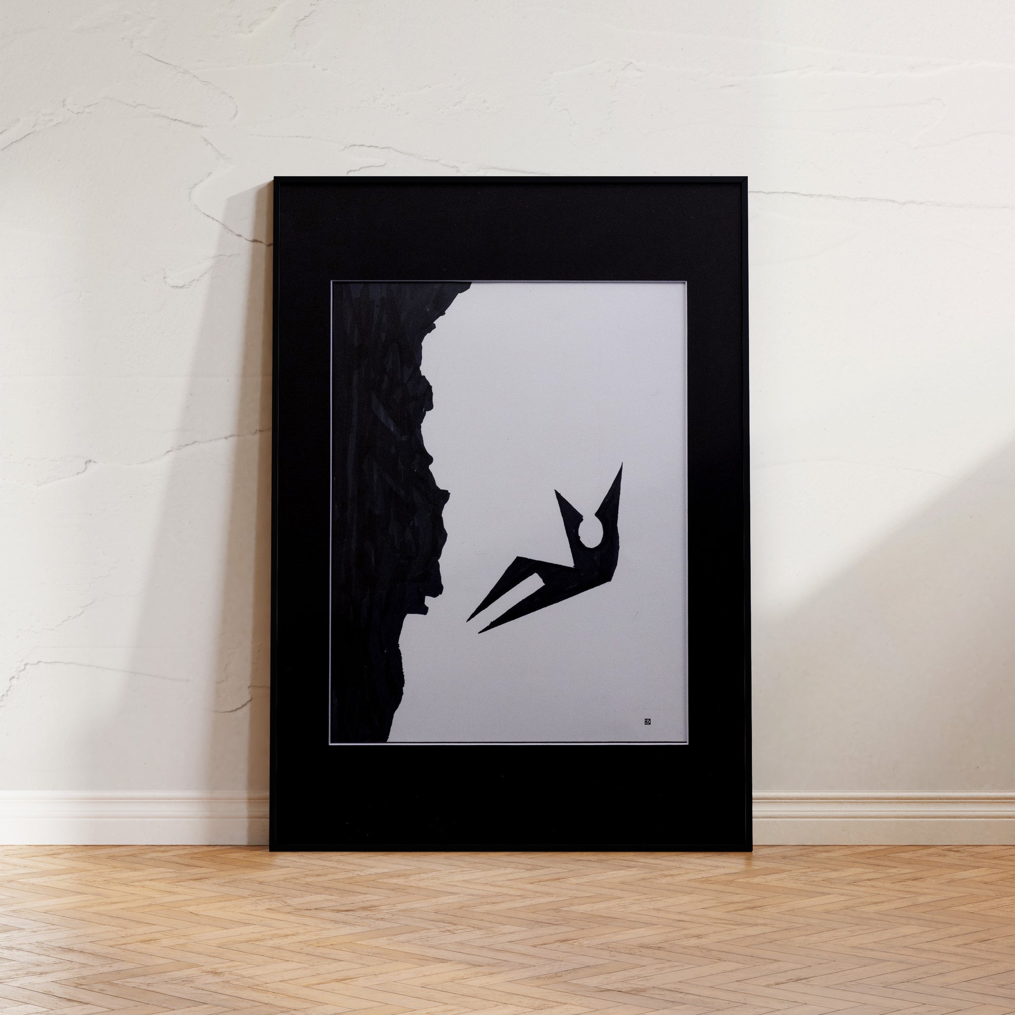 "Descending Figure" is a minimalist black and white print portraying a figure in motion, inviting reflection on themes of trust and liberation.