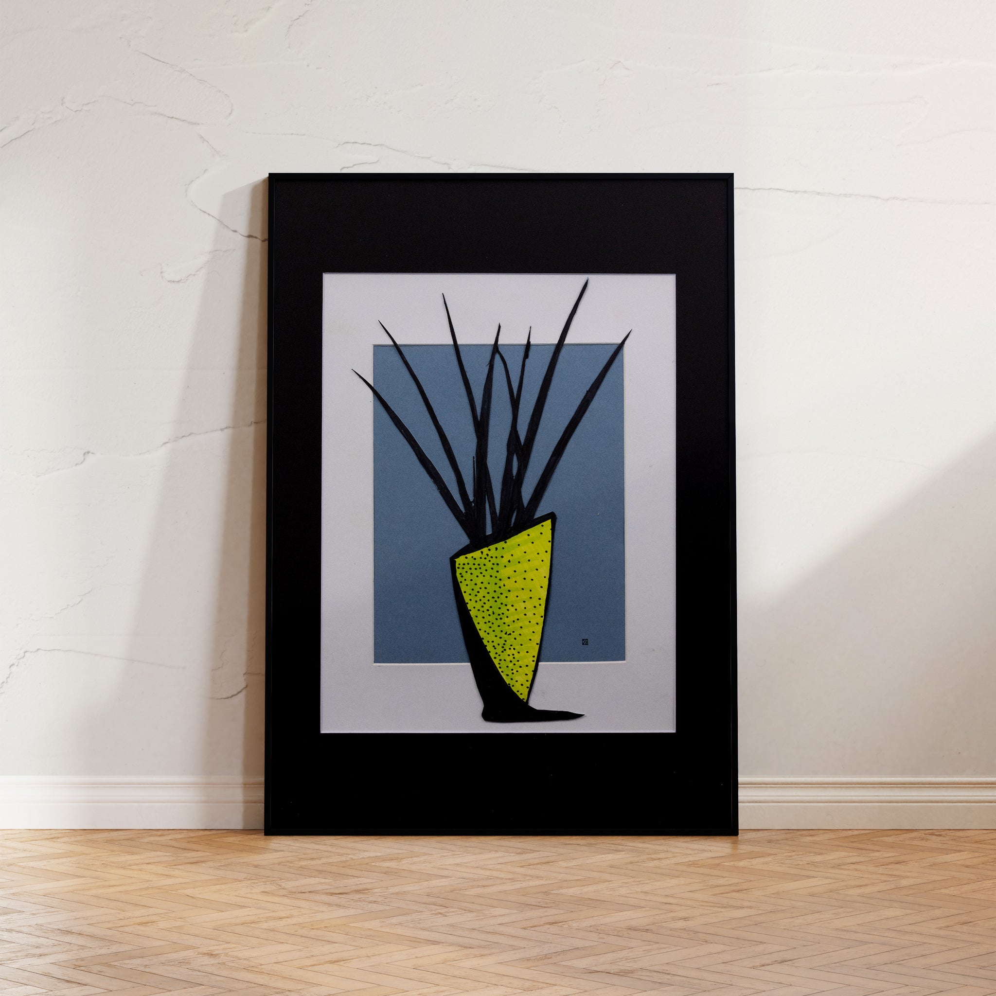 Photorealistic yellow vase on a light green background in the "Gilded Glints" print, showcasing a modern take on traditional still life.