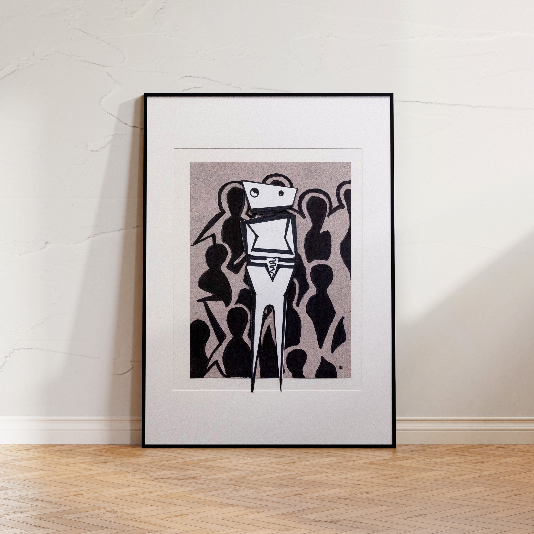 Black and white art deco-cubist woodcut print, 'Gazing Outward' by Brian Findleton, portraying a stylized, introspective figure against a black backdrop.