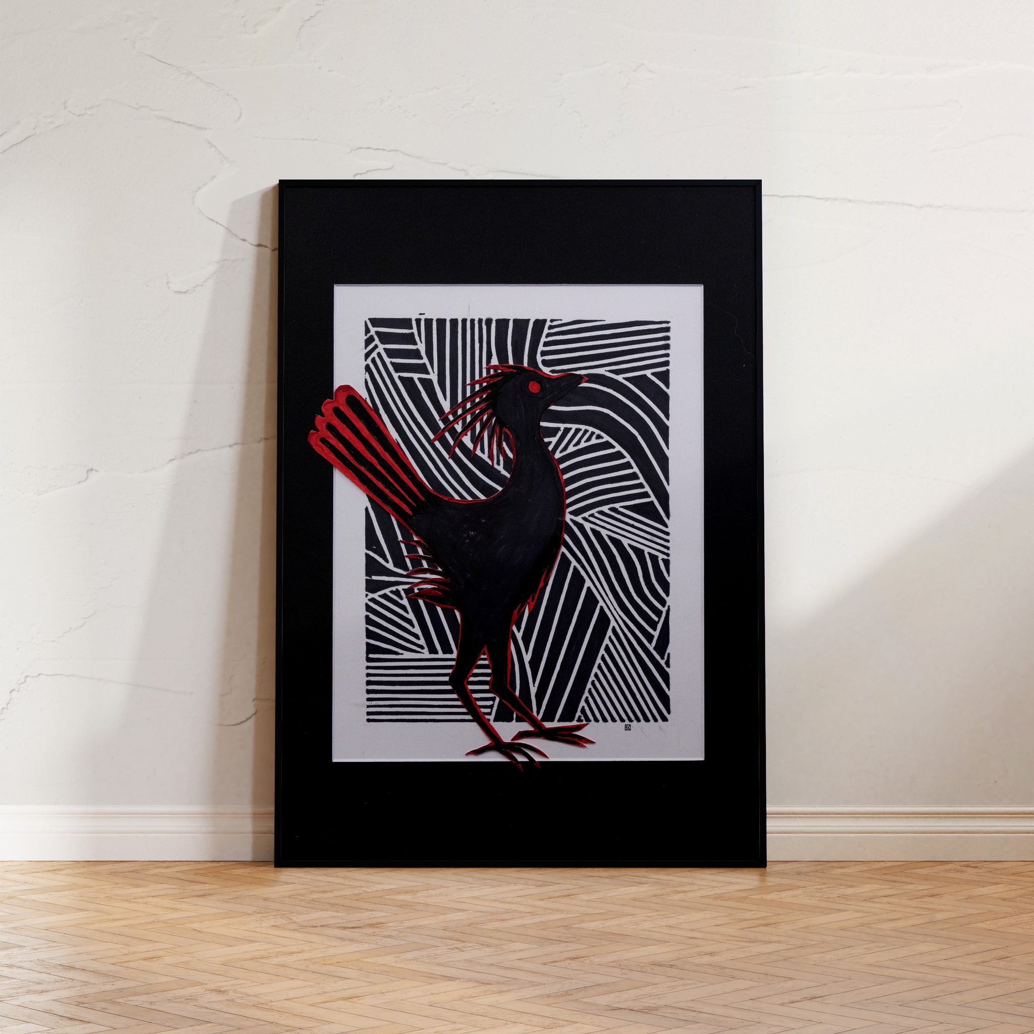 Black and white optical art painting of a swift roadrunner in motion, rendered in bold, energetic lines, celebrating speed and agility.