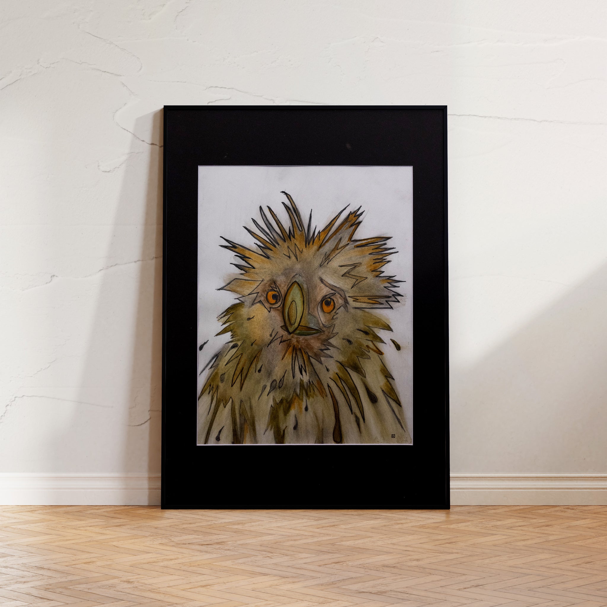A watercolor print depicting an eagle's majesty, illuminating its detailed feathers and watchful eye in earthy brown and black tones. A symbol of courage, intuition, and resilience.