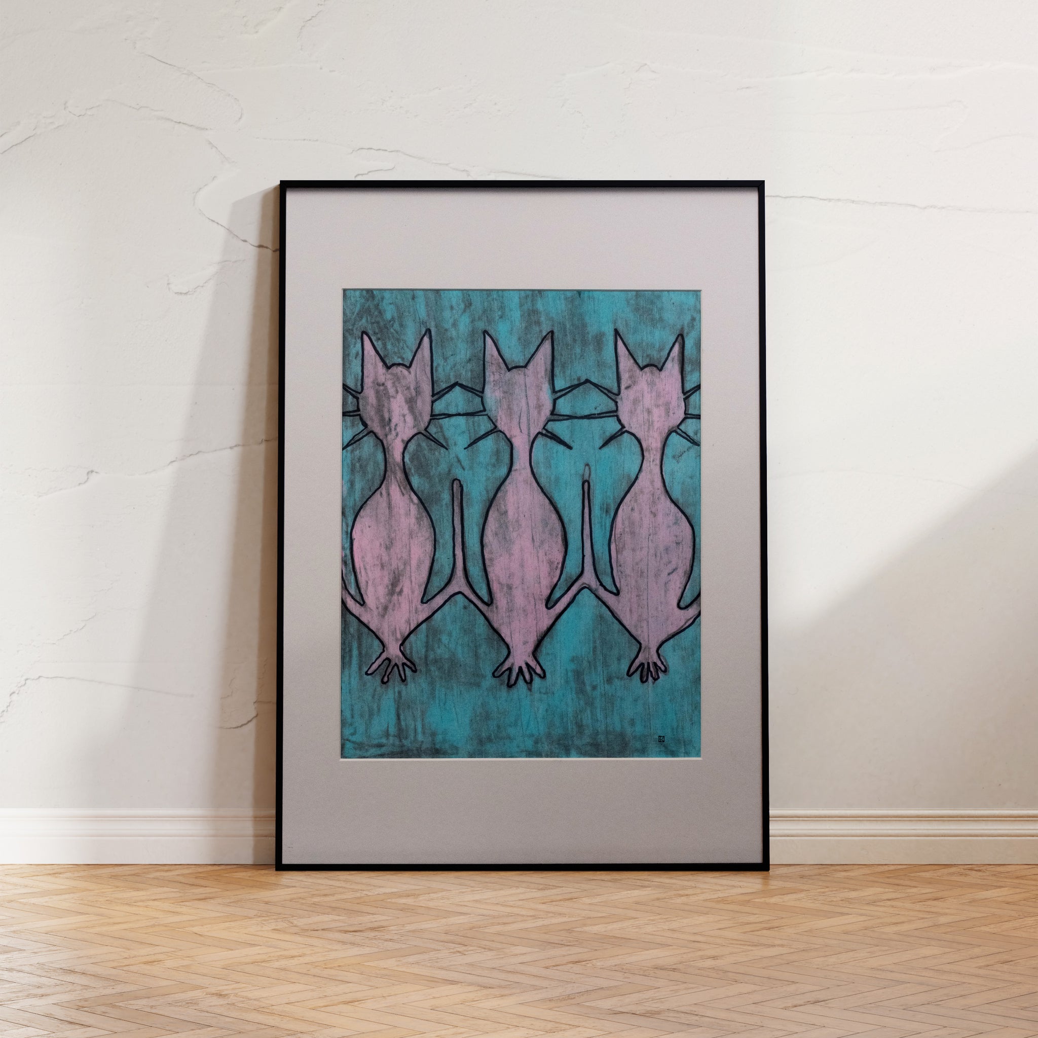 An enchanting art print showcasing three pink felines in a state of serene tranquility against a soft emerald backdrop, symbolizing wisdom and spiritual aura.