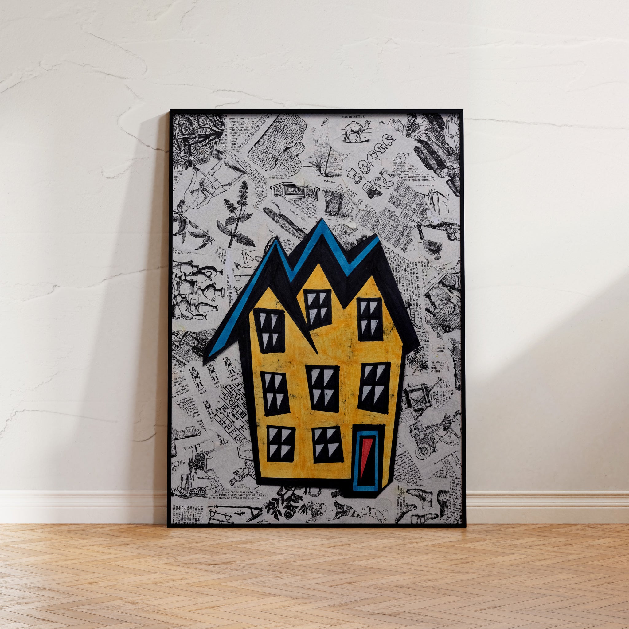 "Urban Personality," a vibrant mixed-media artwork featuring a standout yellow house against a monochrome newspaper collage, symbolizing individuality in city life.