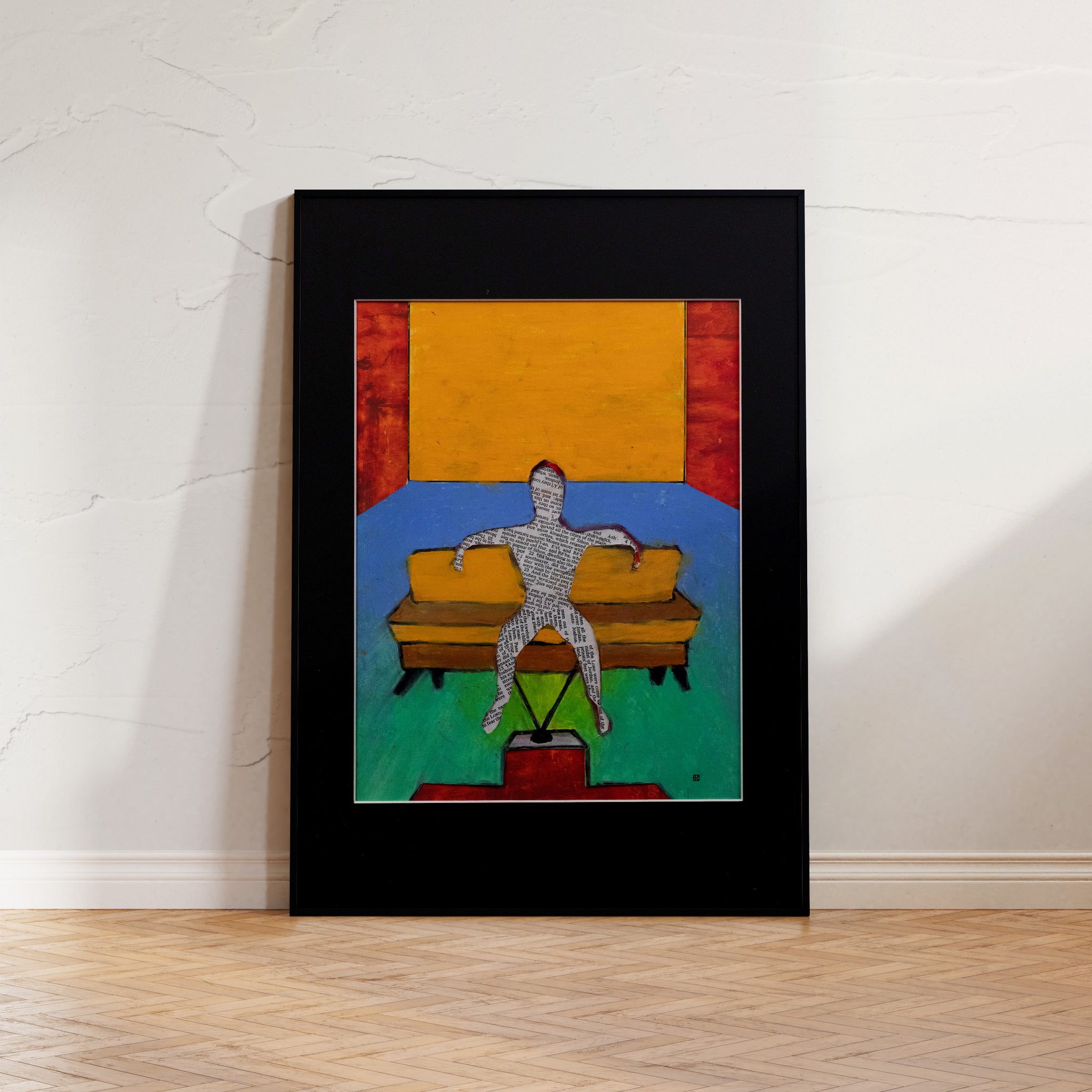 "Contemplative Living Room," a mixed-media artwork depicting a lone figure engrossed in a television's red cross-shaped glow, stimulating curiosity and reflection about everyday life.