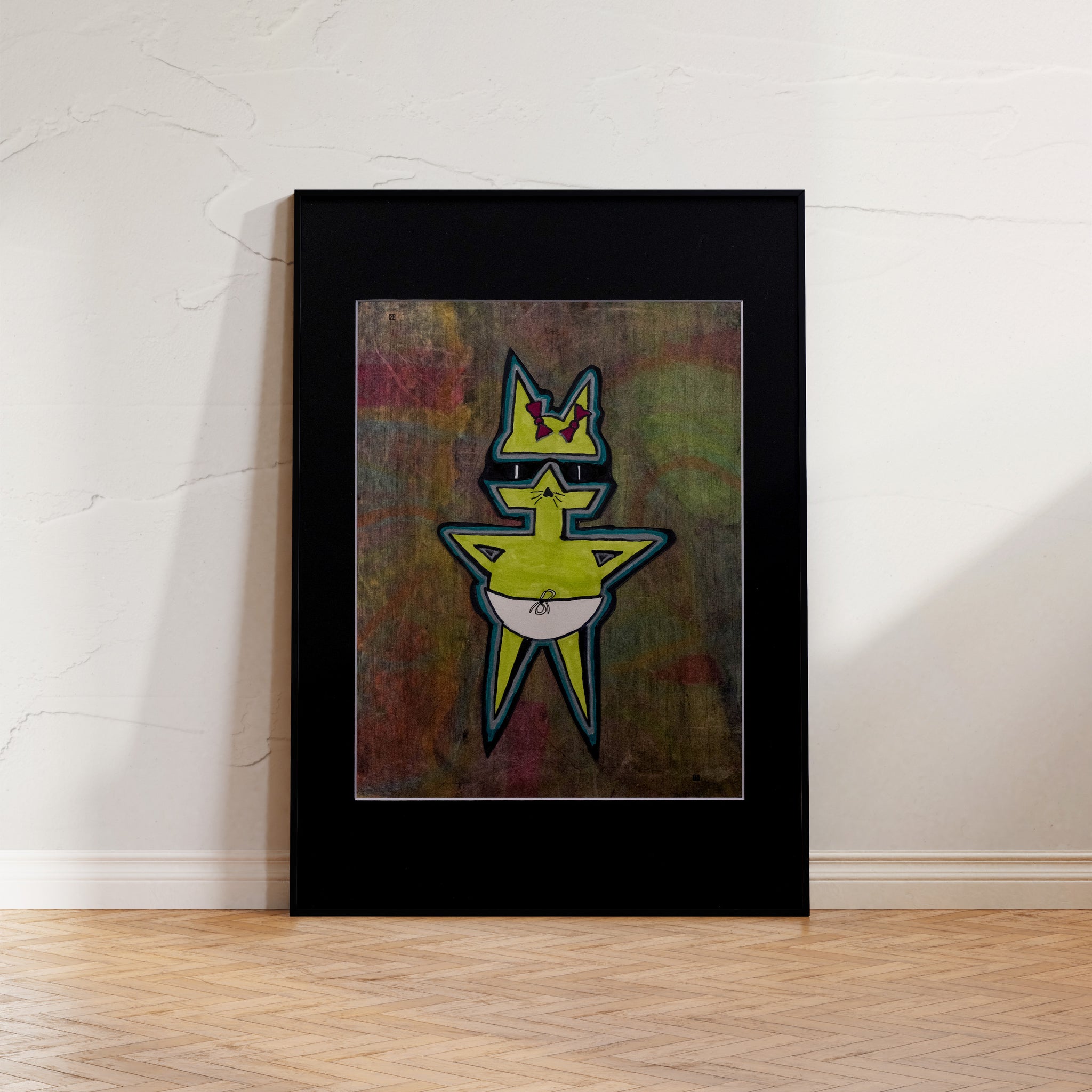 "Cool Cat," a vibrant poster featuring a geometrically abstracted cat in light green and dark yellow tones, wearing sunglasses, imbued with an urban graffiti aesthetic and a retro-futuristic vibe.