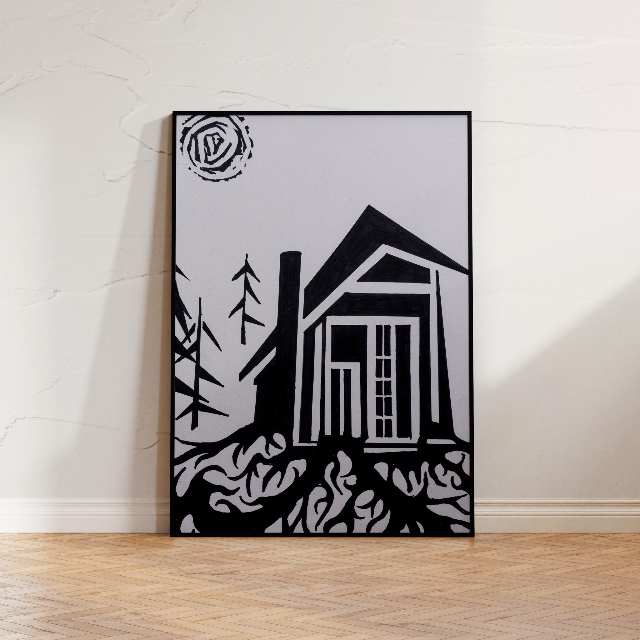 "Woodland Hideaway," a bold, monochrome art piece showcasing a rustic cabin nestled within a peaceful woodland, utilizing stencil-like outlines and negative space to evoke a tranquil, rural retreat.