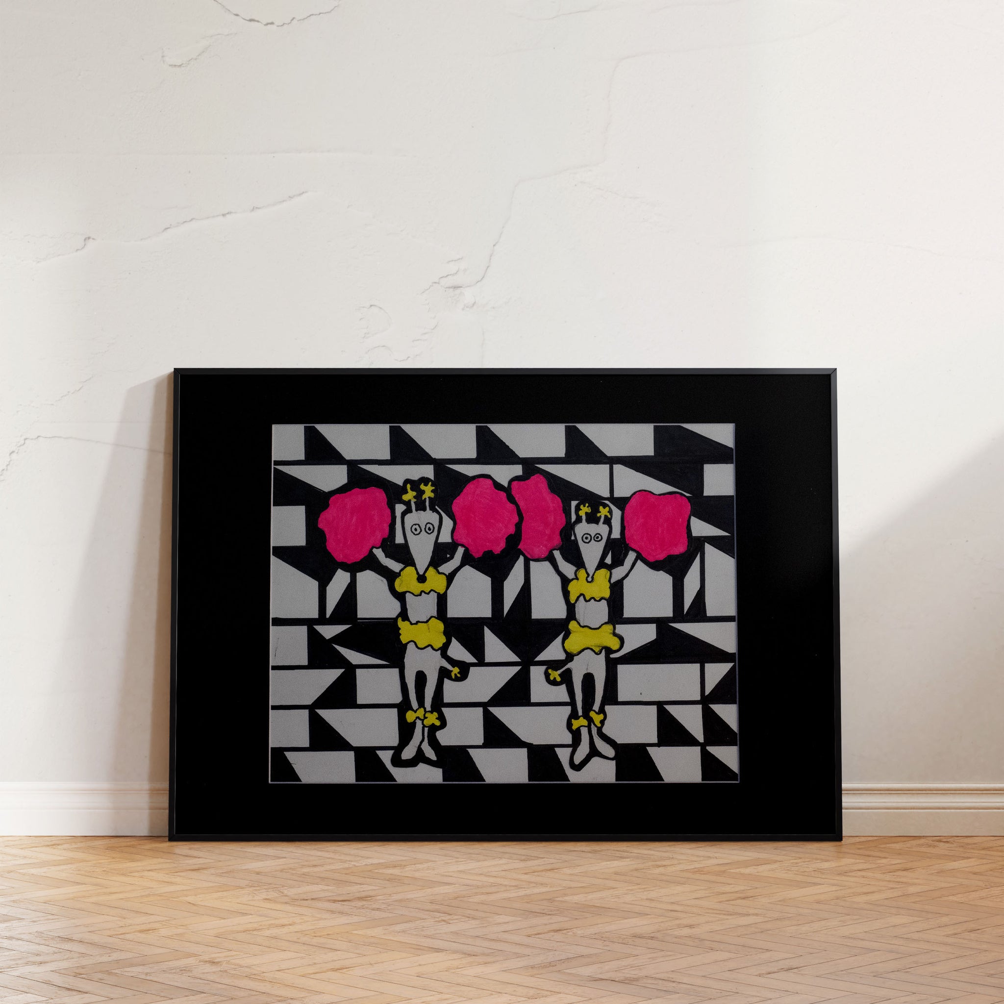 "Pom Pom Poodles," a lively, pop art inspired artwork showcasing two playful poodle characters dressed as cheerleaders in bold, graphic dark pink and yellow, spreading energy and joy in any space.