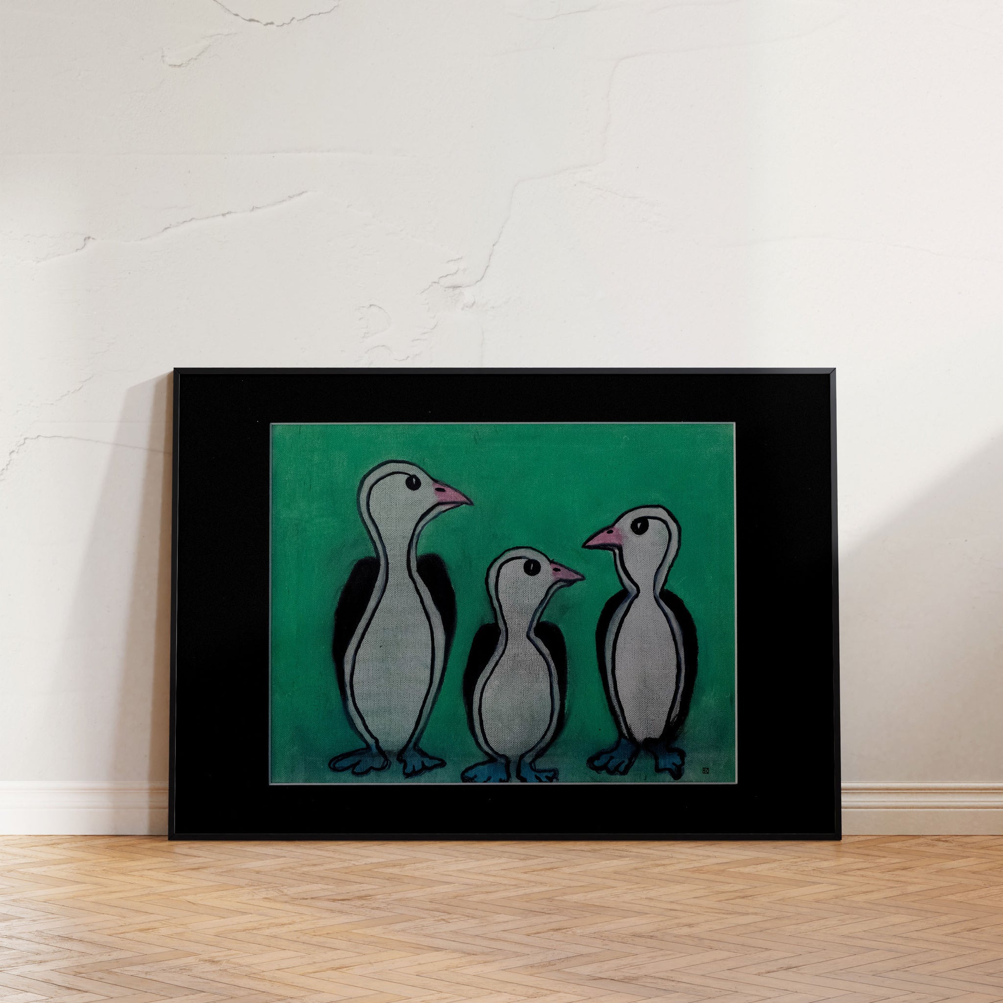 "Brian Findleton's minimalist artwork, Huddle Hype, captures animated penguins in an exciting interaction.”