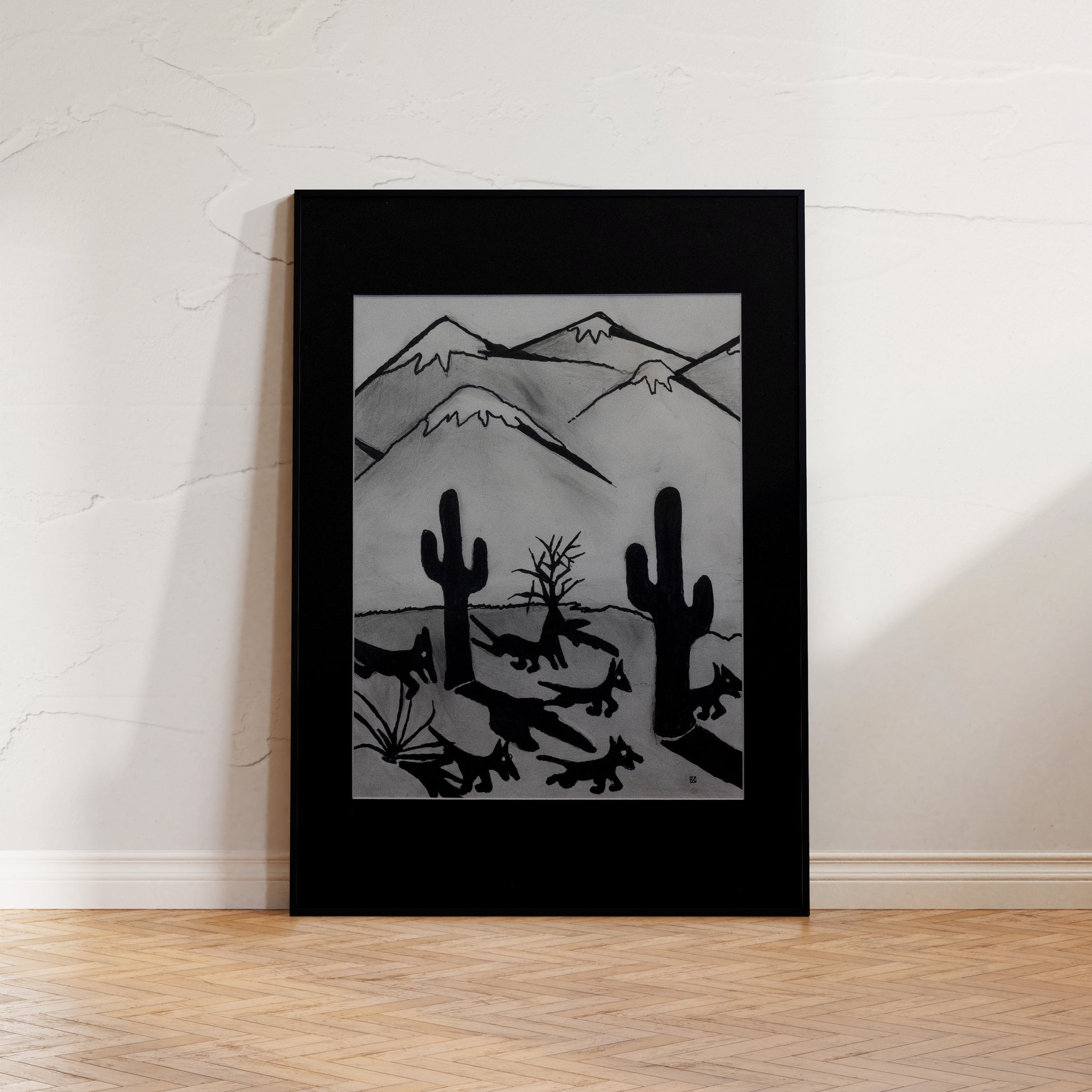 "Twilight Crossing" by Brian Findleton: A monochromatic masterpiece of desertwave aesthetics, featuring coyotes on a nocturnal journey amidst saguaro cacti and sand dunes at dusk.