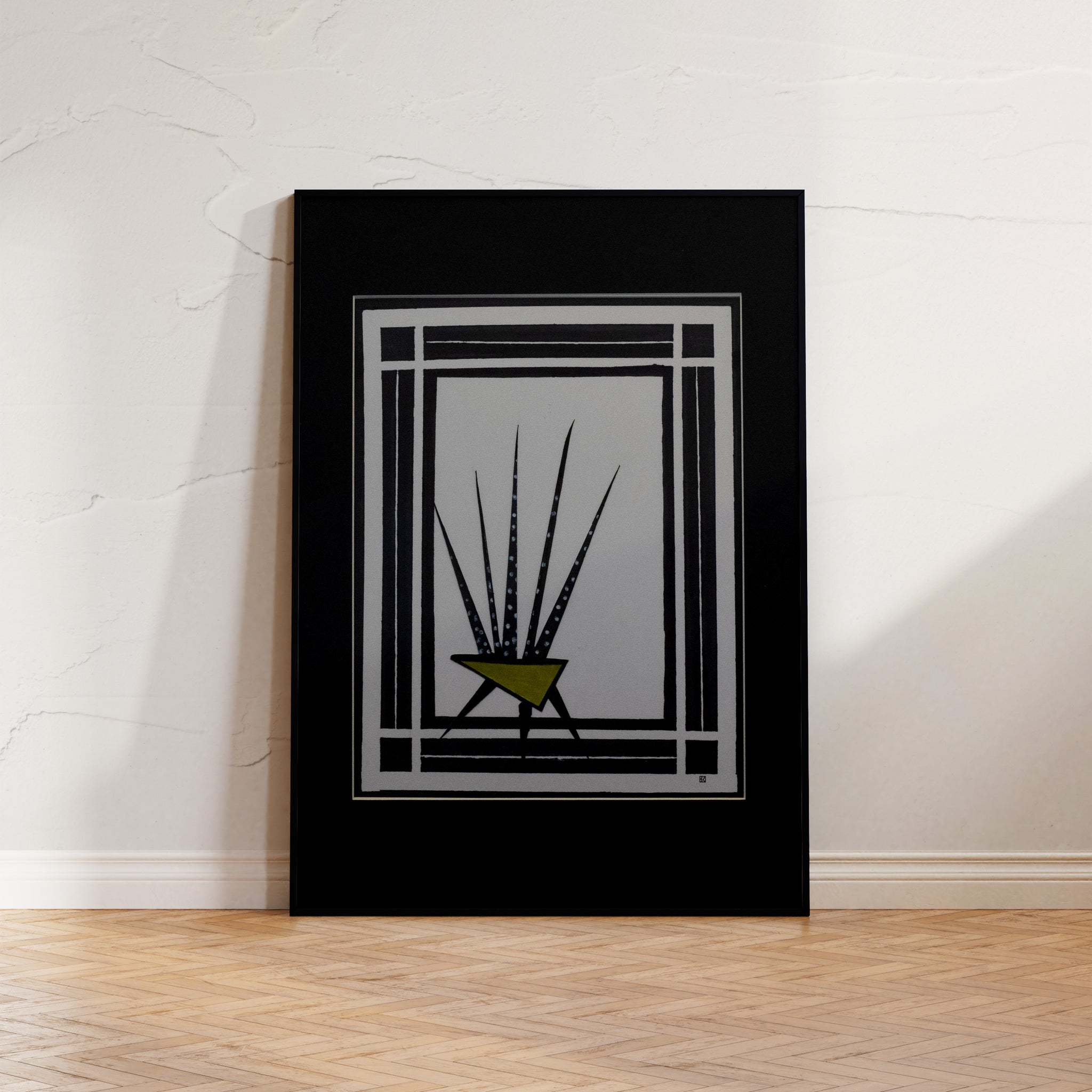 "Through The Window", A sophisticated blend of art deco and surrealism capturing the essence of a prickly pear cactus in dark silver and light green.