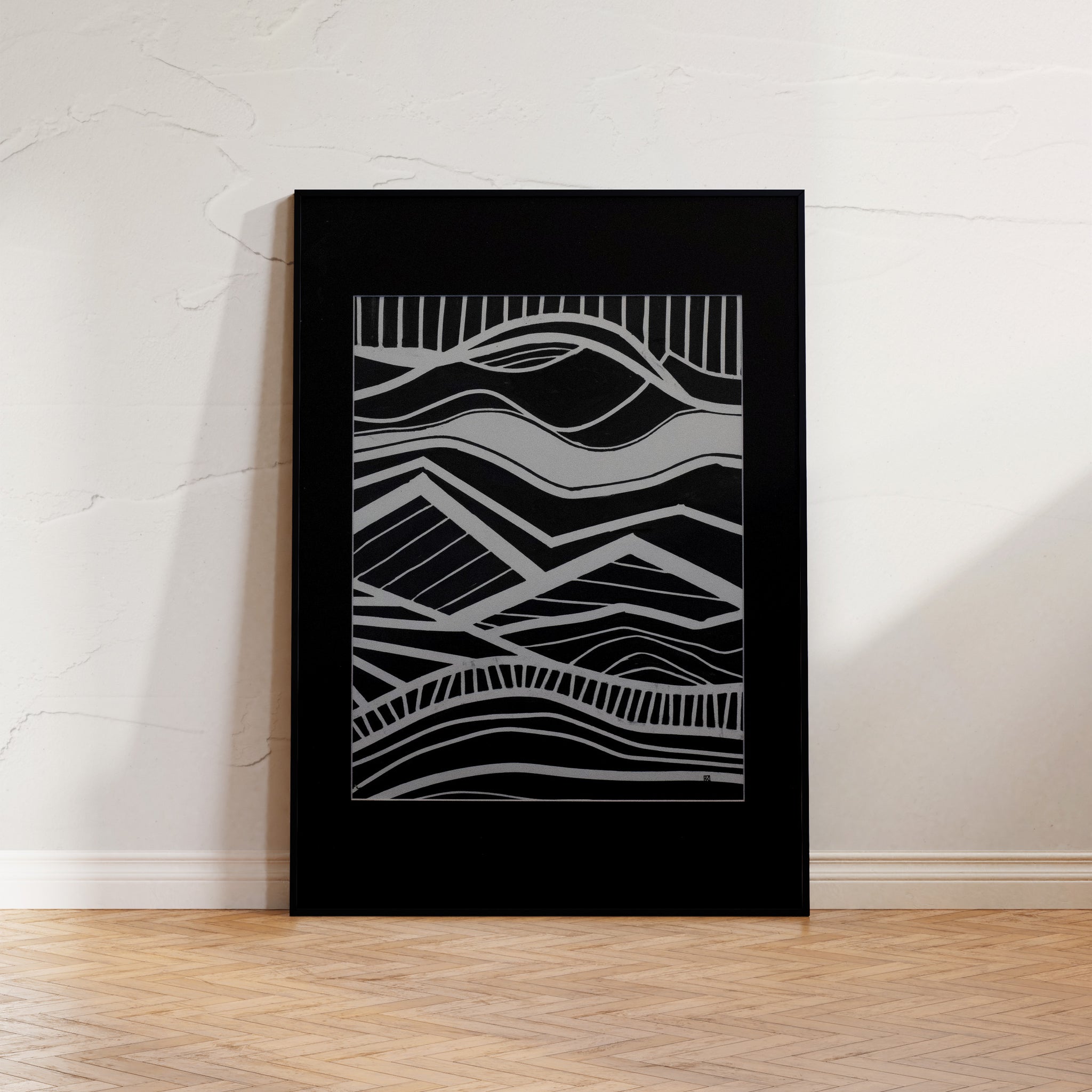 "Winding Ascent", A minimalist line drawing capturing the abstract beauty of a coastal mountain landscape in black and white.