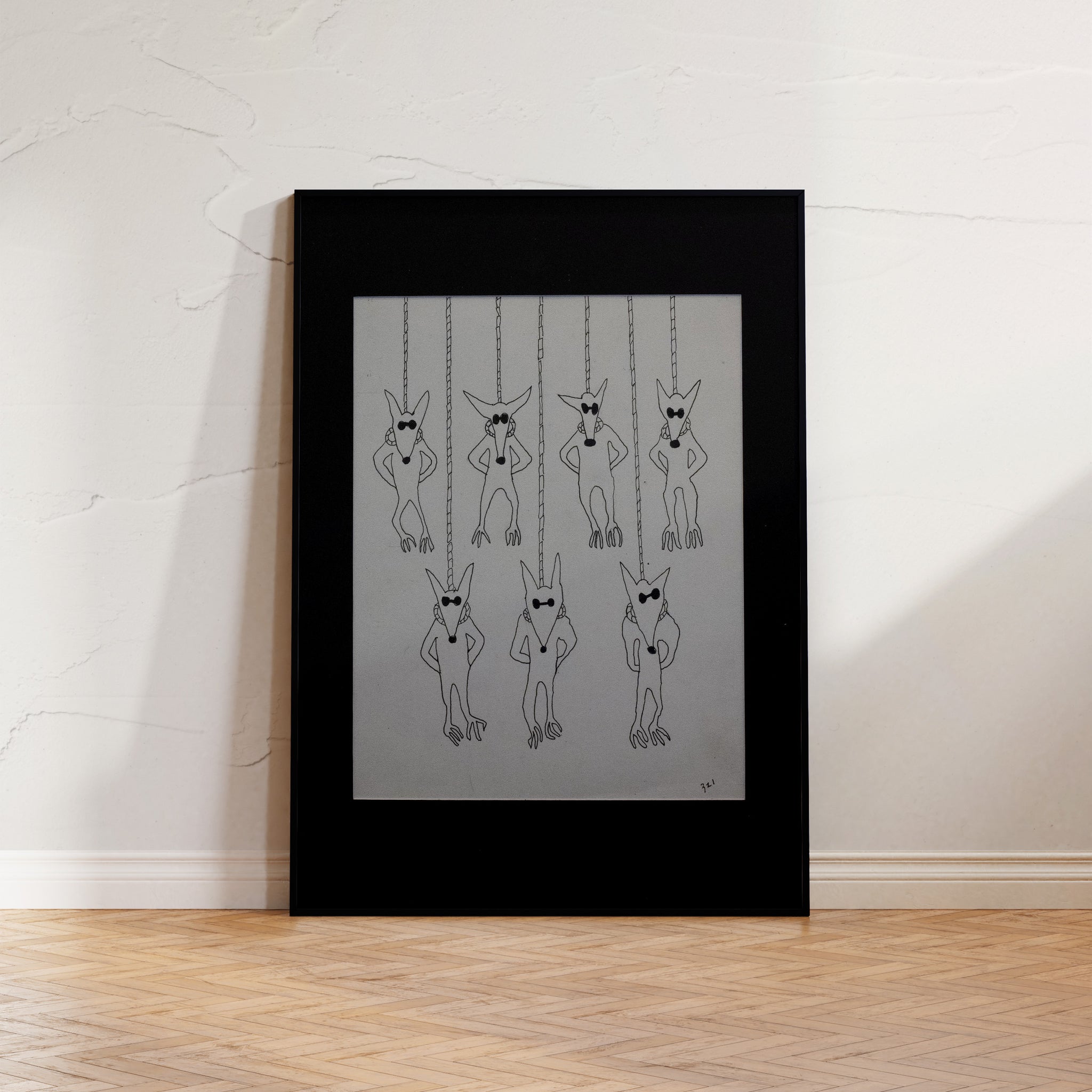 "Suspended Sentiments", Abstract black and white artwork featuring whimsical dog figures intertwined with poignant symbols, evoking emotions and introspection.