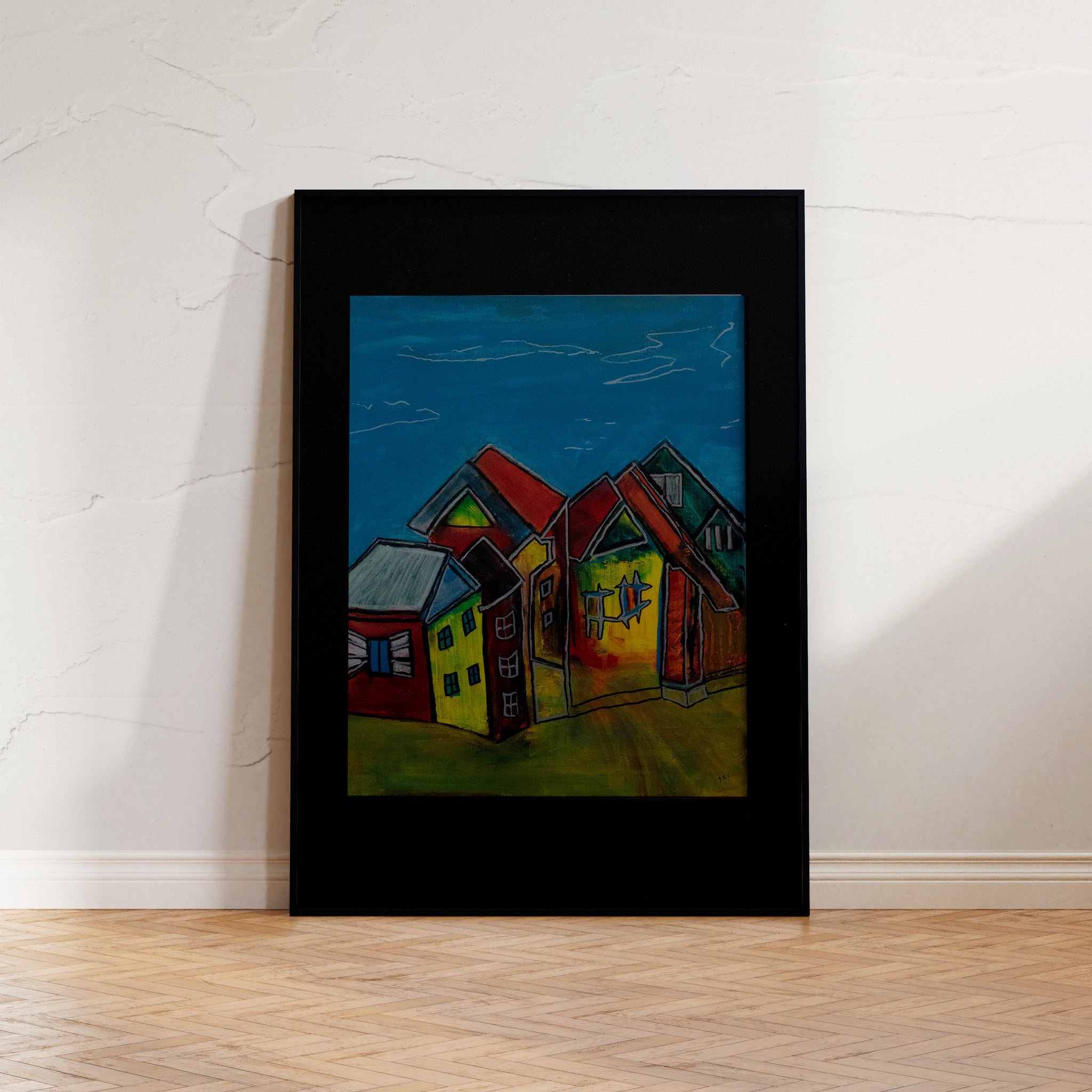 "Urban Sanctuary" by Brian Findleton: A minimalist artwork of a colorful house amidst a bold cityscape, capturing the tranquility amidst urban chaos.